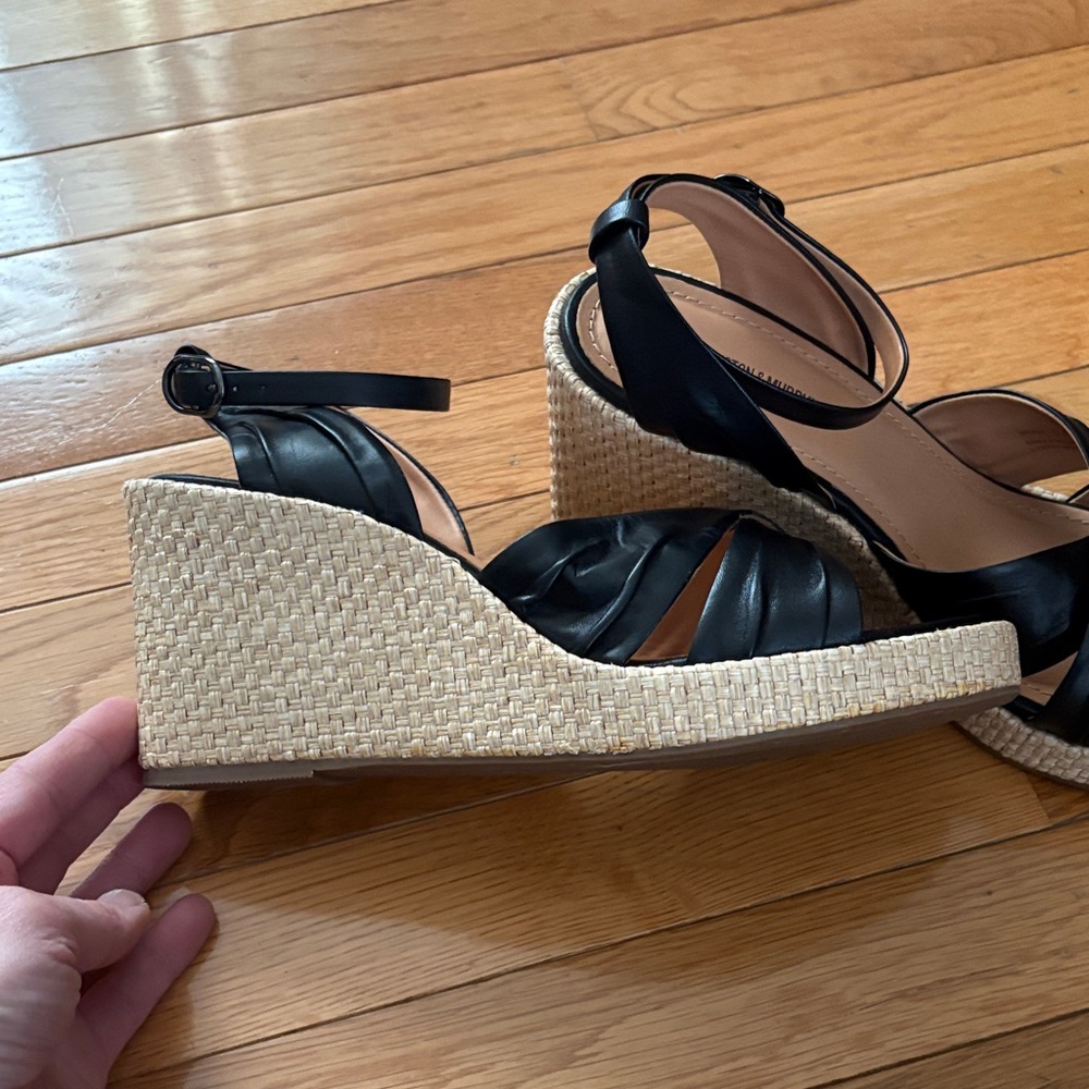 Johnston & Murphy Black Leather Espadrille Wedges with Ankle Strap - Picture 3 of 11